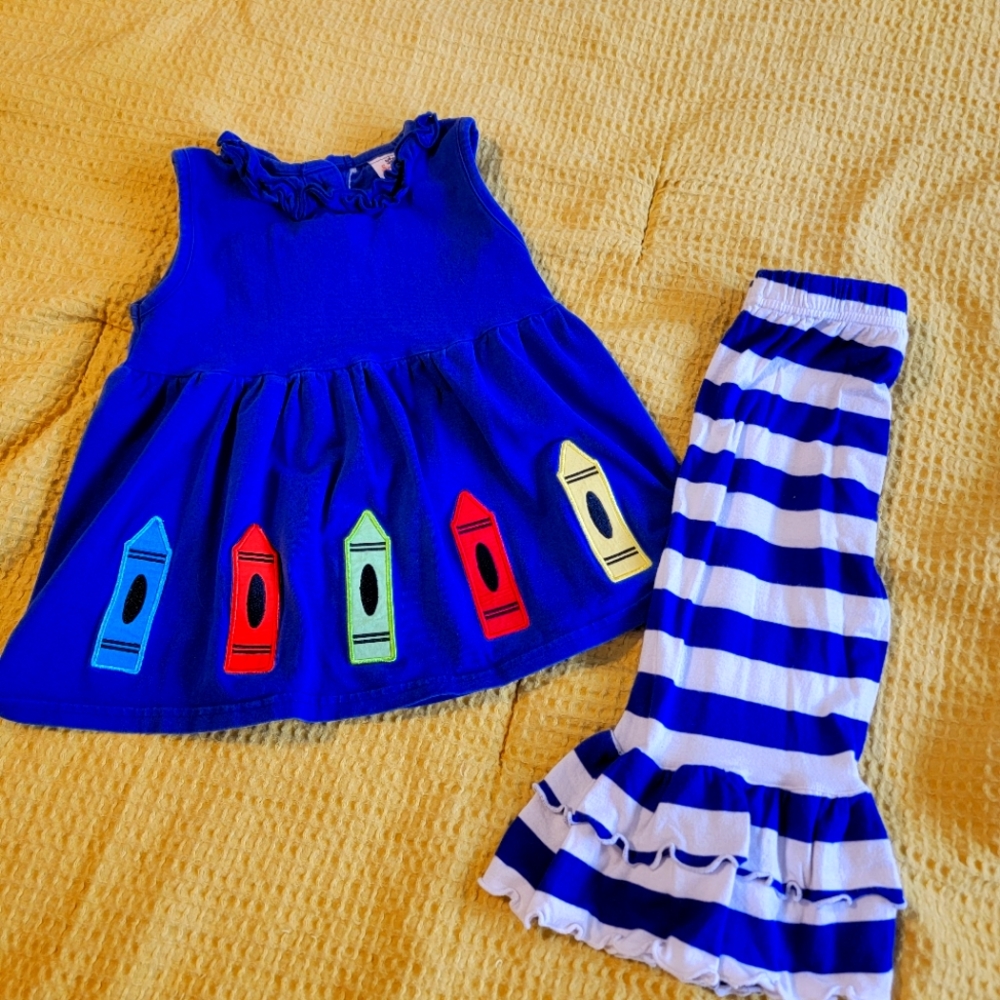 Girls Size 3T Crayon Tank Shirt Ruffle Stripped Pants "School set"